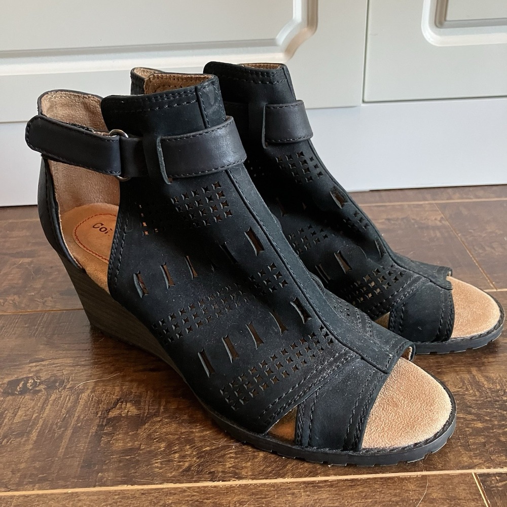 Cobb Hill Women's Size 8 M Black Leather Cutout Open Toe Wedge Sandals Booties